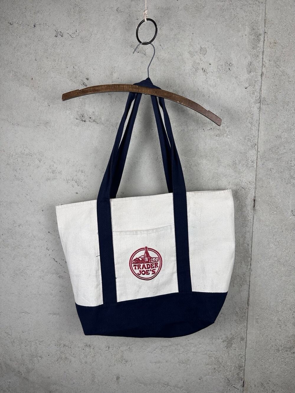 Trader Joe's Reusable Cotton Canvas Tote Bag White/Blue Large Americana Japan